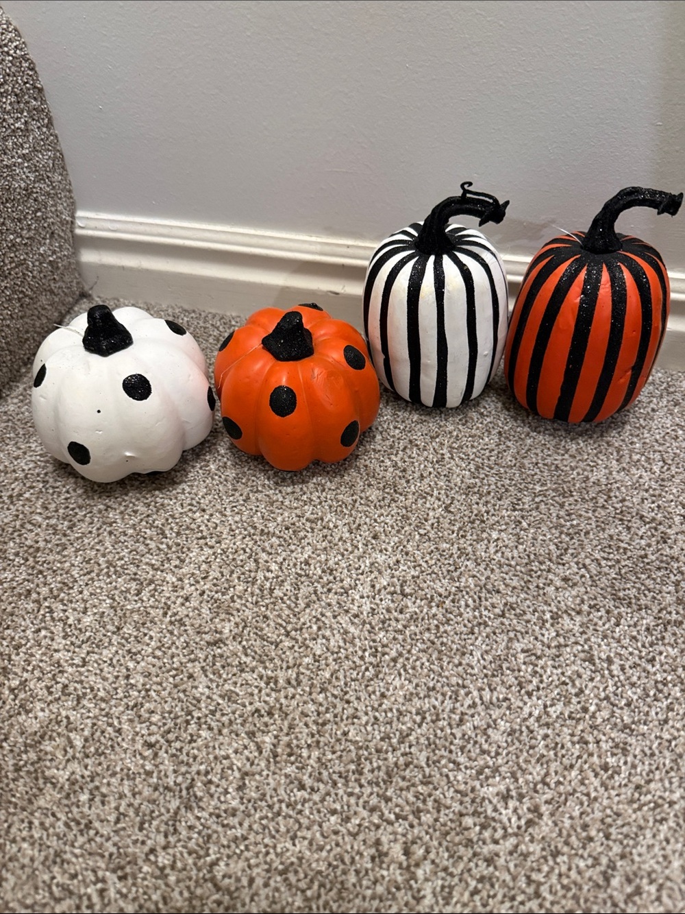 Decorative Polka Dot and Striped Pumpkin Set - Orange & White set of 4